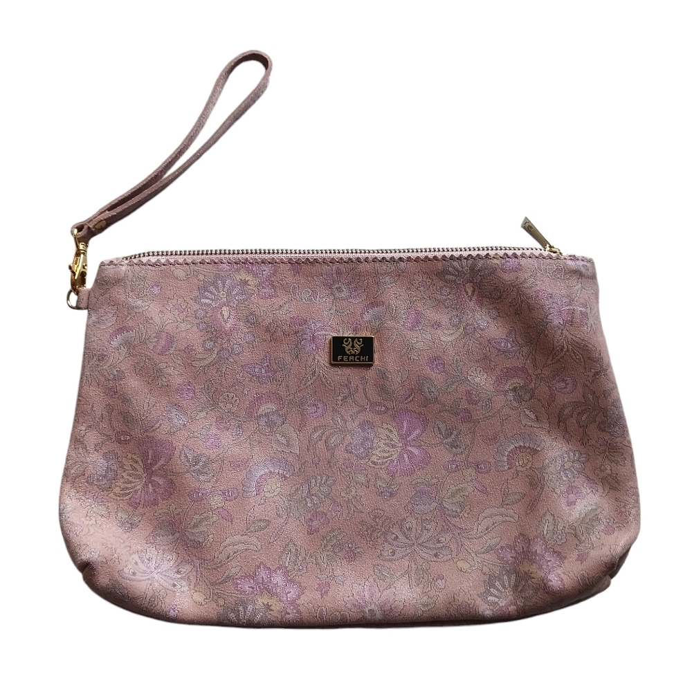 Ferchi Cosmetic Travel Bag Floral Spain Genuine Leather Metallic Pink Wristlet